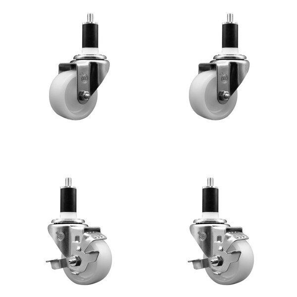 3'' Nylon Wheel Swivel 1-3/8'' Expanding Stem Caster Set 2 Brakes, 4PK